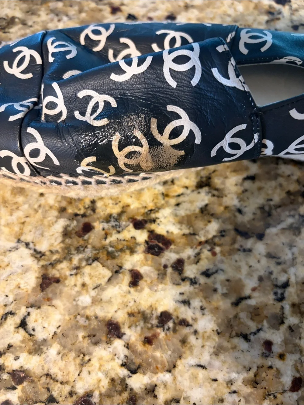 CHANEL Navy Leather CC Logo Espadrilles with White Print